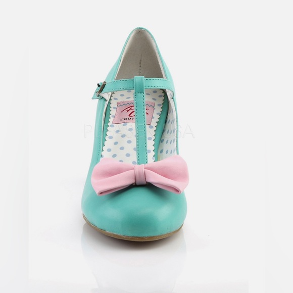 Pinup Couture Shoes - PINUP COUTURE Wiggle 50 Cuban Heels Turquoise Blue Pink Bow T-Strap Retro Pin Up